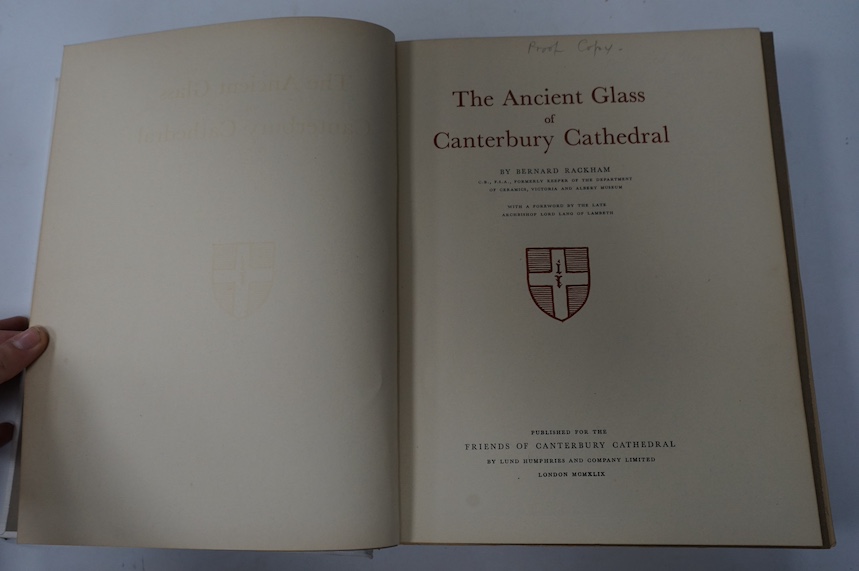 Rackham, Bernard - The Ancient Glass of Canterbury Cathedral. 'Proof Copy' at head of title (which is printed in red and black). 21 (of the final 25) coloured plates present (one marked 'cancel', plate x marked '1st Proo